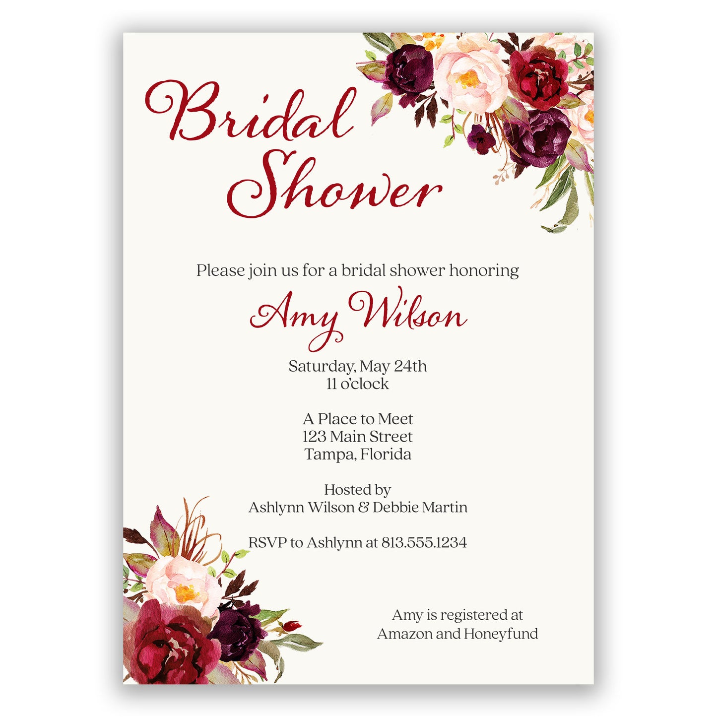 Burgundy Blooms Bridal Shower Invitation