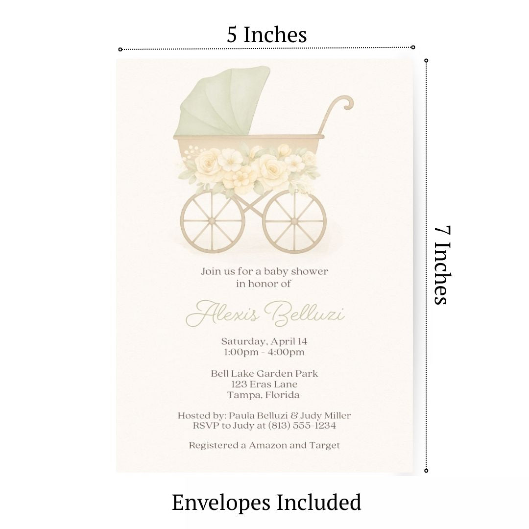 Vintage Sage & Ivory Carriage Baby Shower Invitation