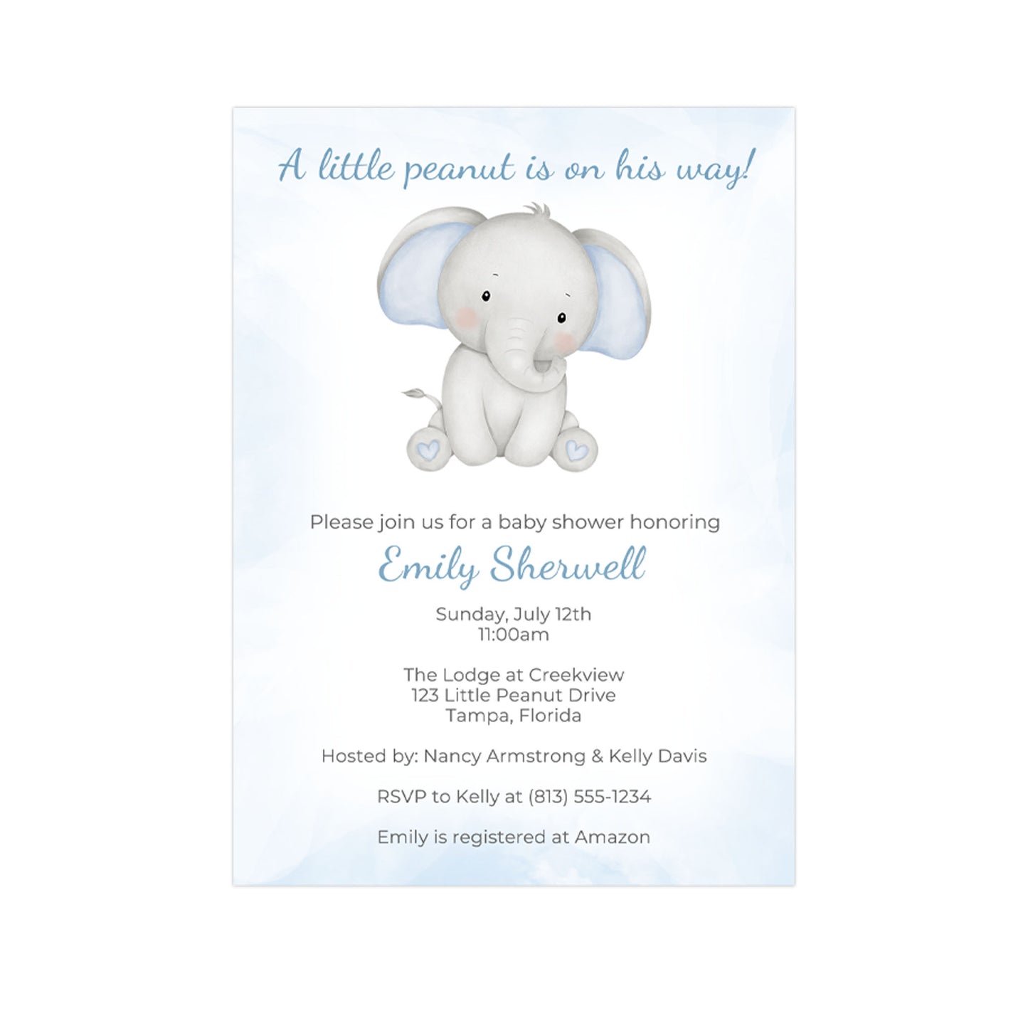 Watercolor Elephant Baby Shower Invitation