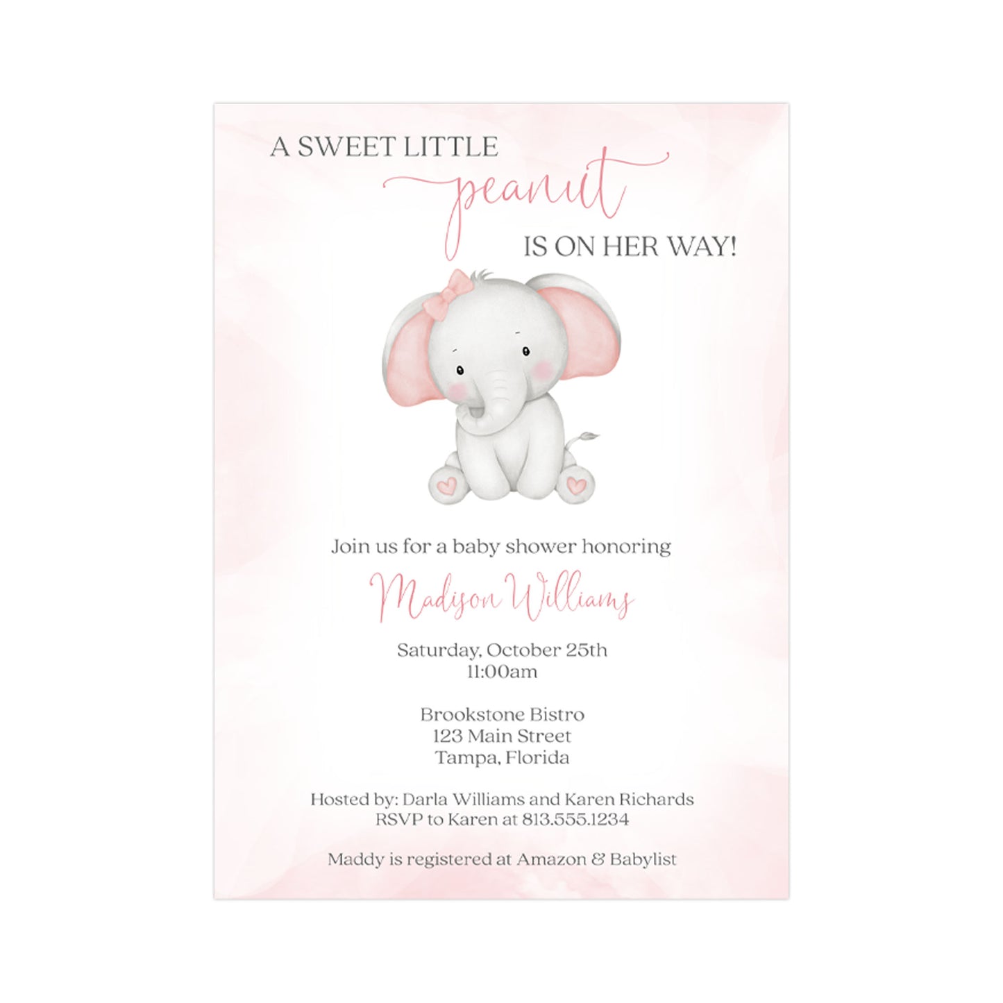 Watercolor Elephant Baby Shower Invitation