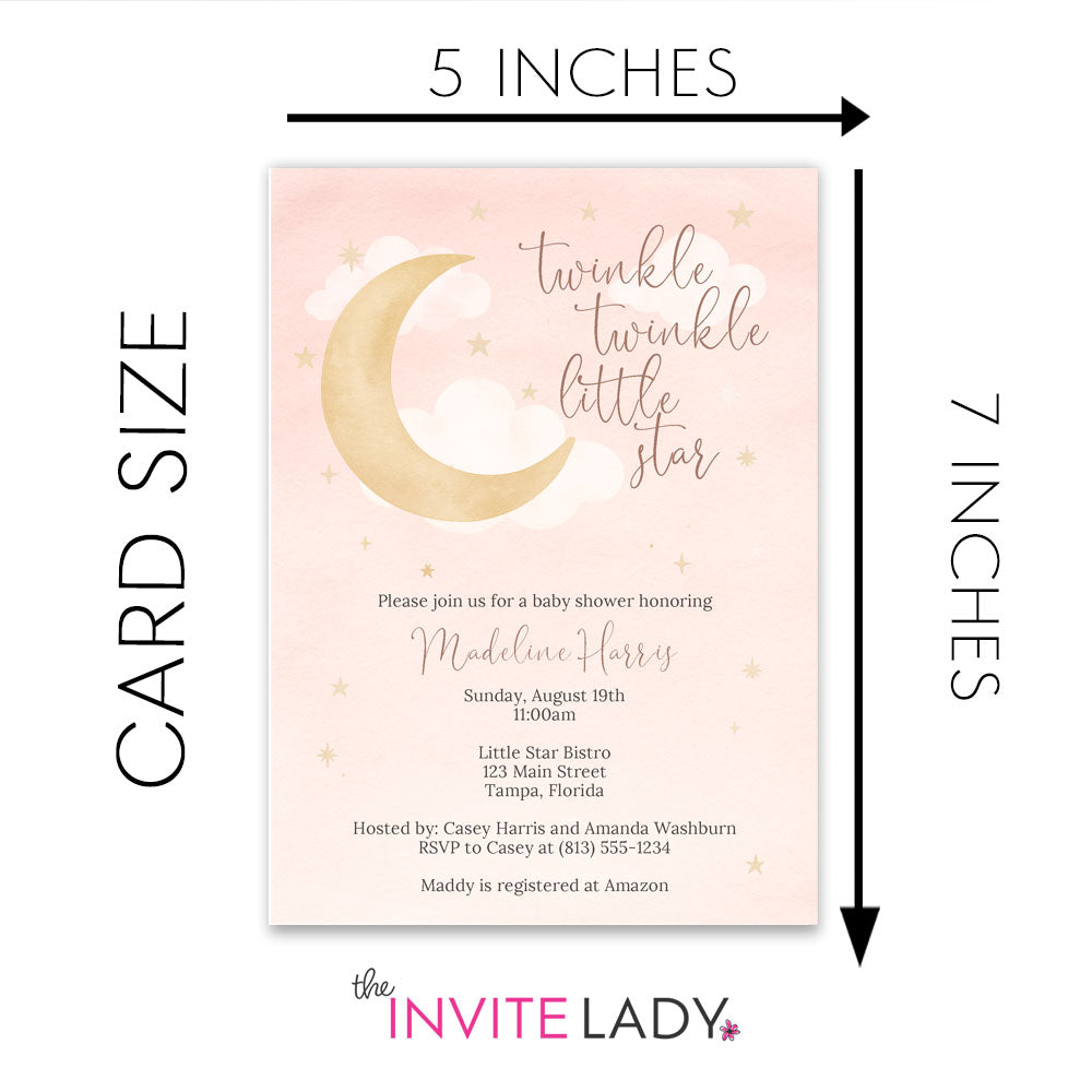 Twinkle Twinkle Little Star Baby Shower Invitations Pink Moon and Stars Design with Envelopes