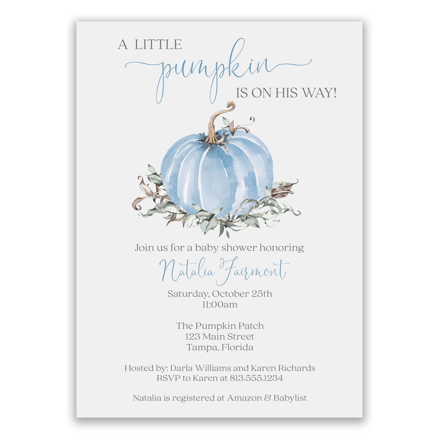 Painted Pumpkin Baby Shower Invitation, available in pink and blue