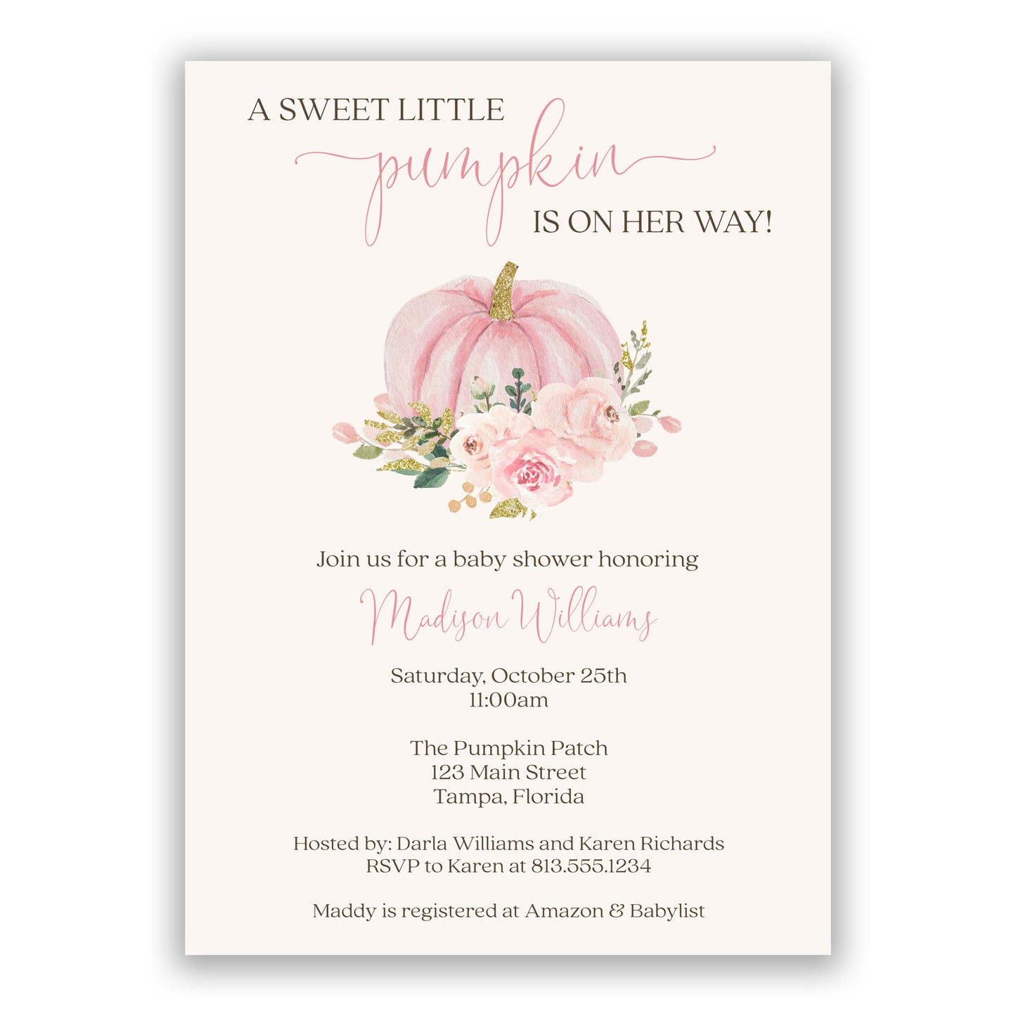 Painted Pumpkin Baby Shower Invitation, available in pink and blue