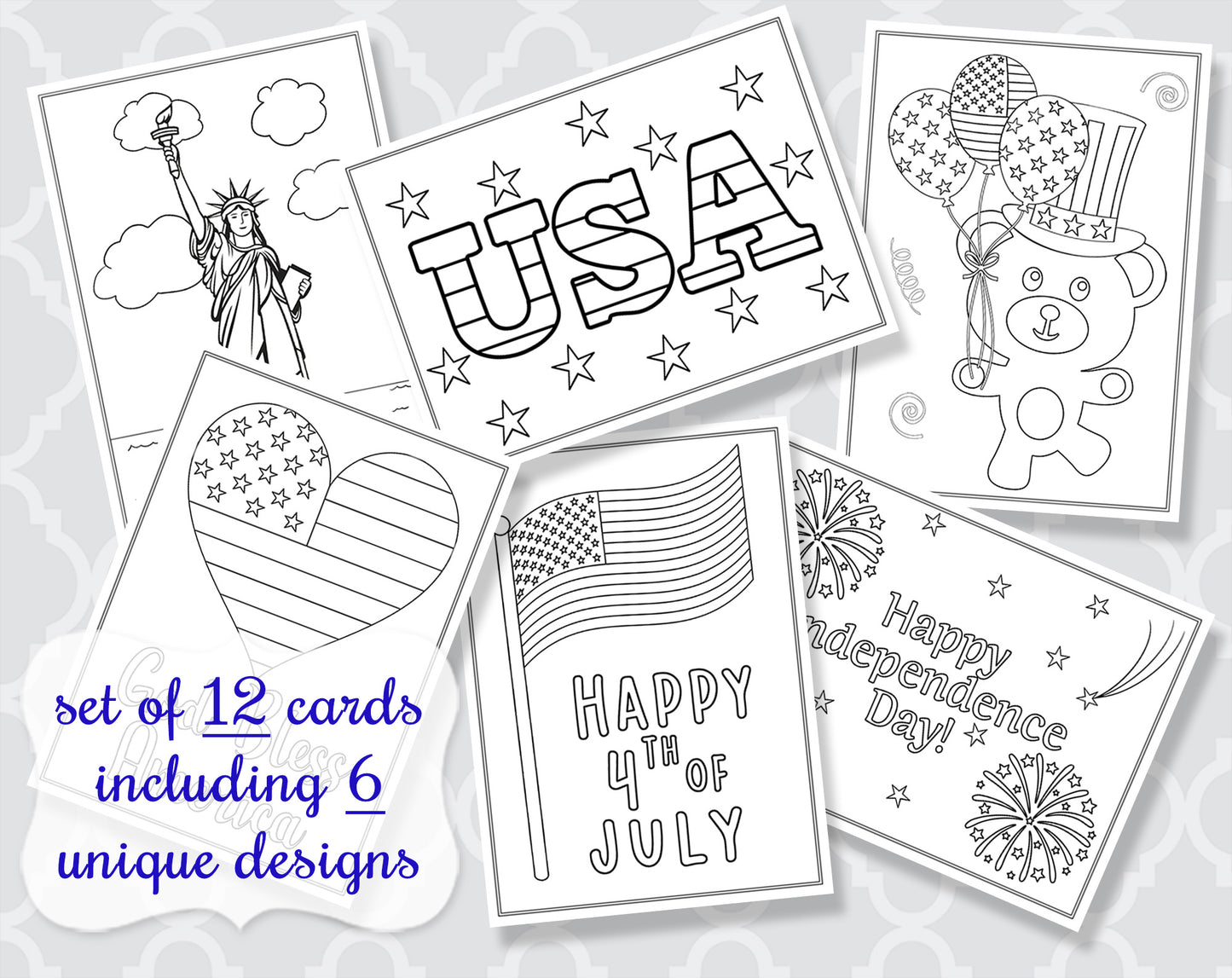 4th of July Coloring Cards, Set of 12