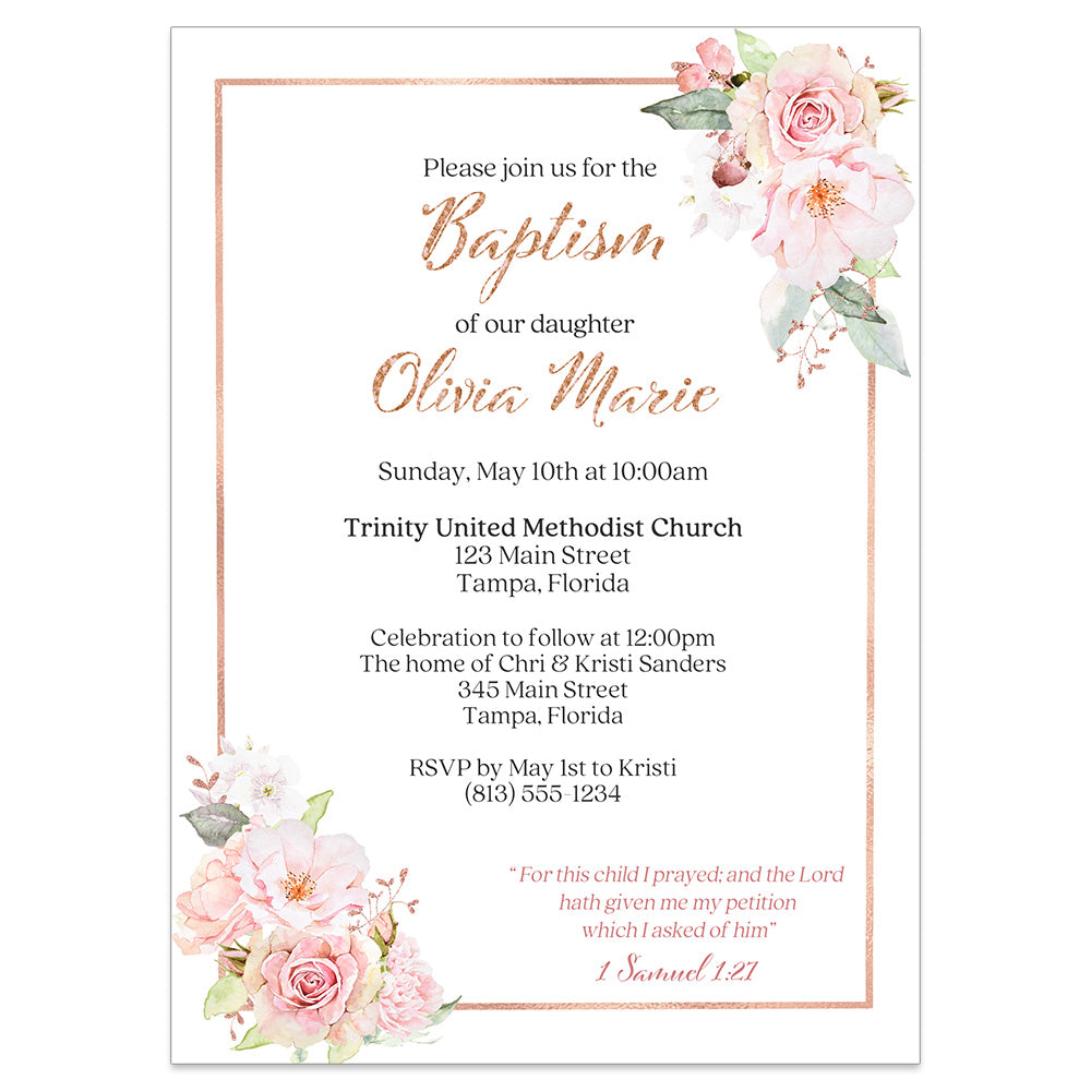 Pink Floral Baptism Invitation