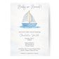 Baby shower invitation with sailboat illustration on a white background