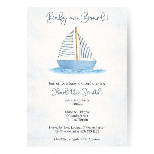 Baby shower invitation with sailboat illustration on a white background
