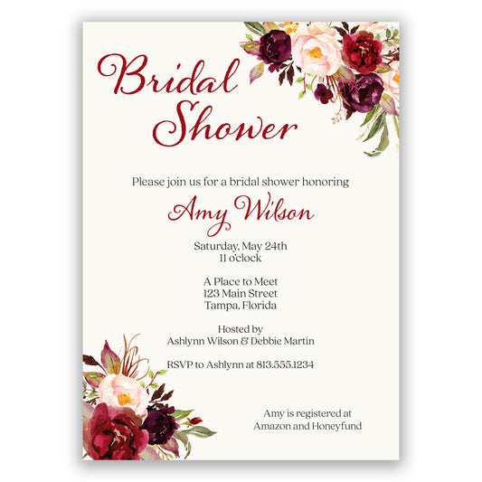 Burgundy Blooms Bridal Shower Invitation