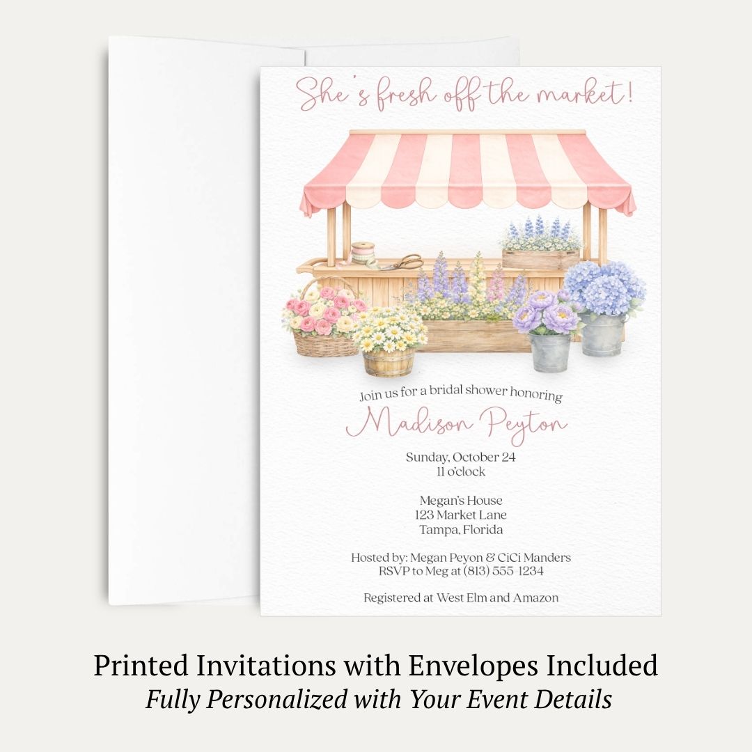 She's Fresh Off the Market Flower Cart Bridal Shower Invitation