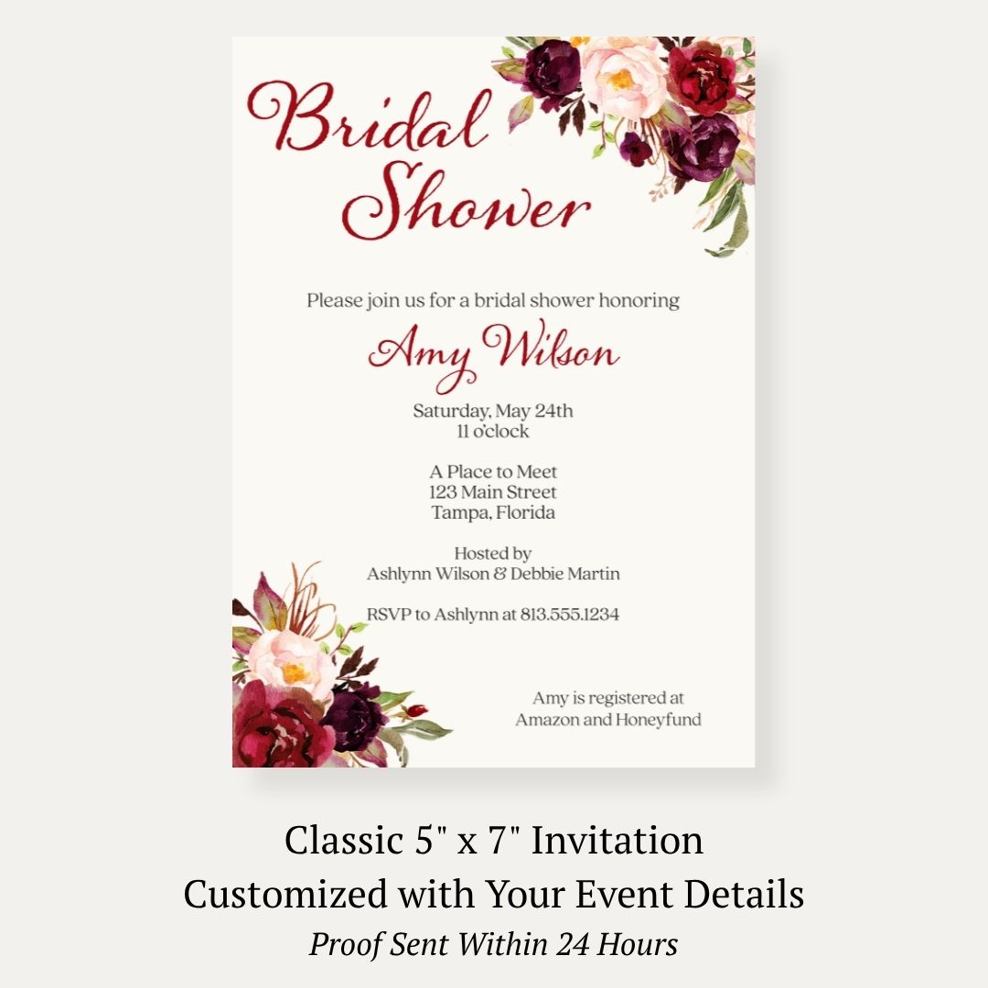 Burgundy Blooms Bridal Shower Invitation
