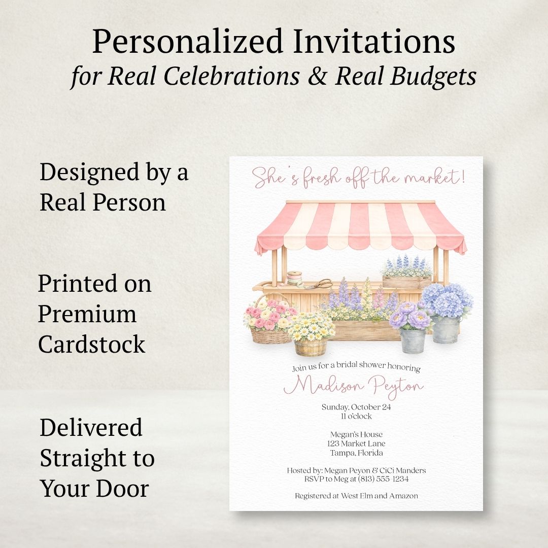 She's Fresh Off the Market Flower Cart Bridal Shower Invitation