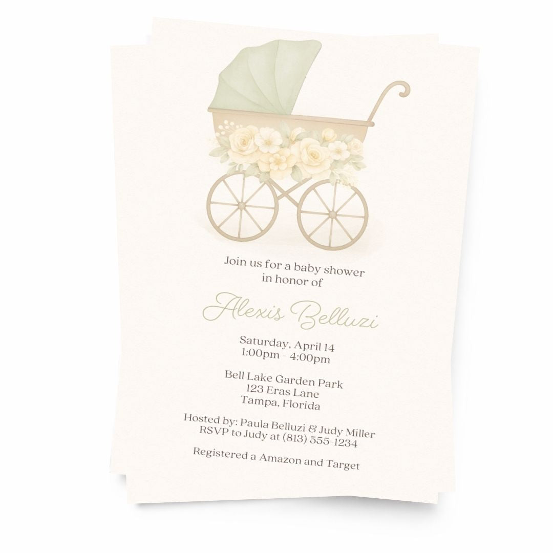 Vintage Sage & Ivory Carriage Baby Shower Invitation