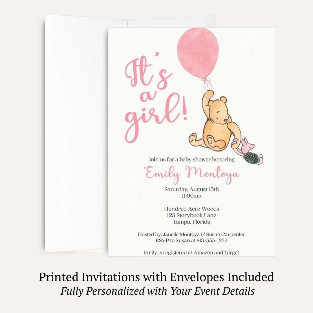 Winnie the Pooh Pink Balloon Baby Shower Invitation