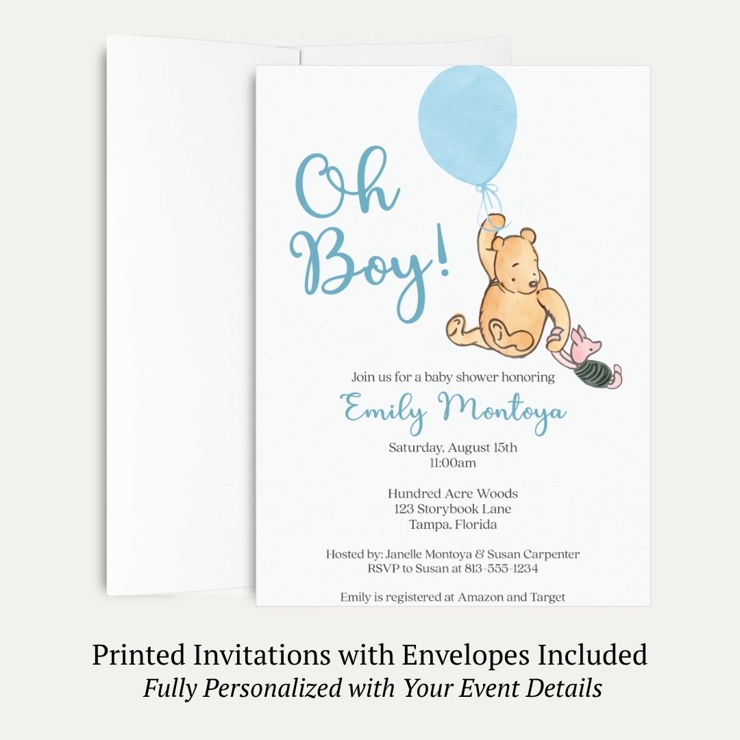 Winnie the Pooh Blue Balloon Baby Shower Invitation