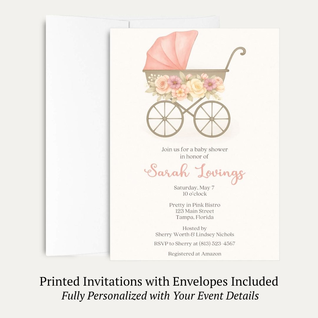 Pink Vintage Carriage Baby Shower Invitation