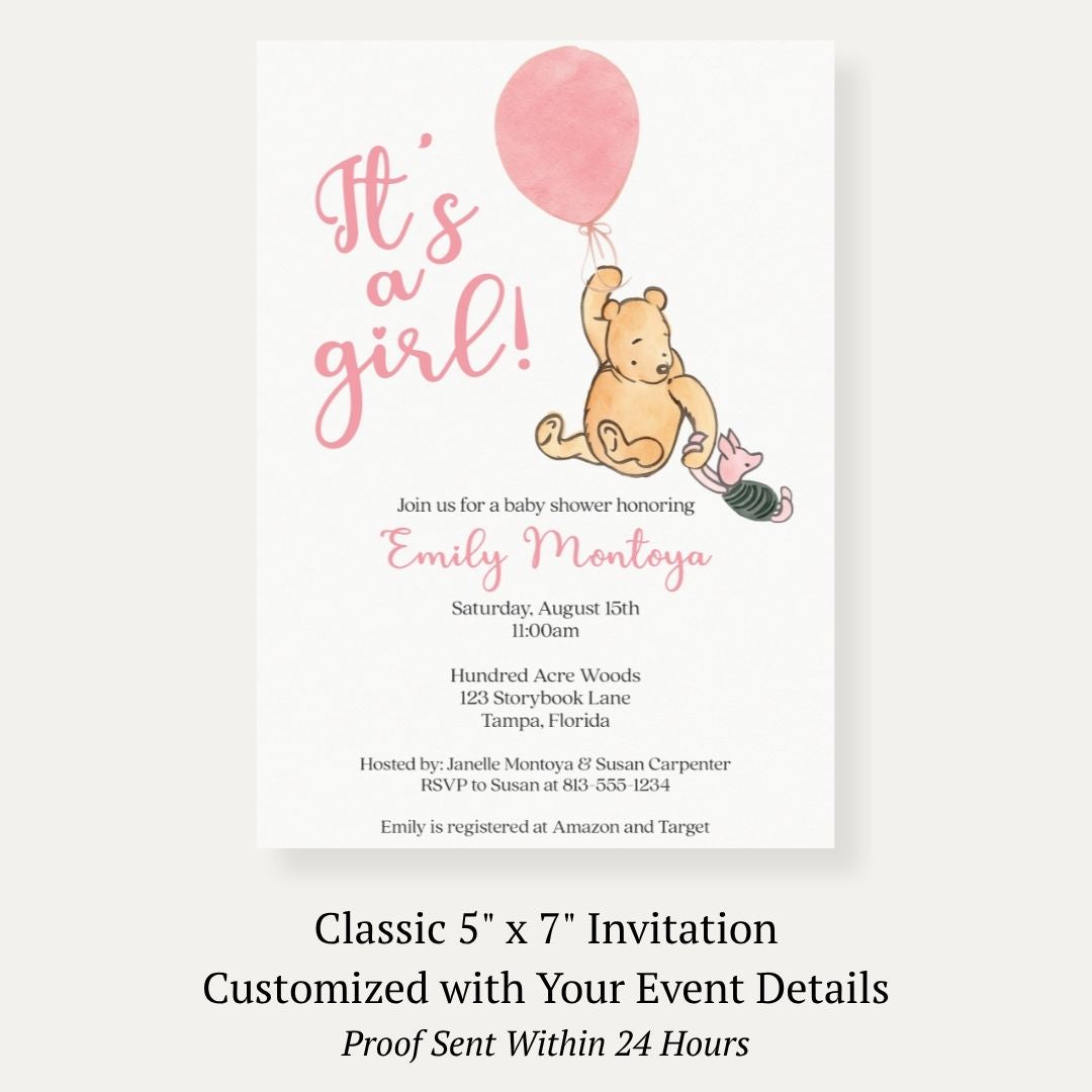 Winnie the Pooh Pink Balloon Baby Shower Invitation