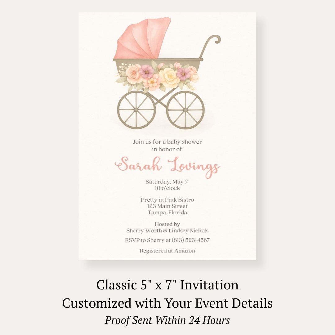 Pink Vintage Carriage Baby Shower Invitation