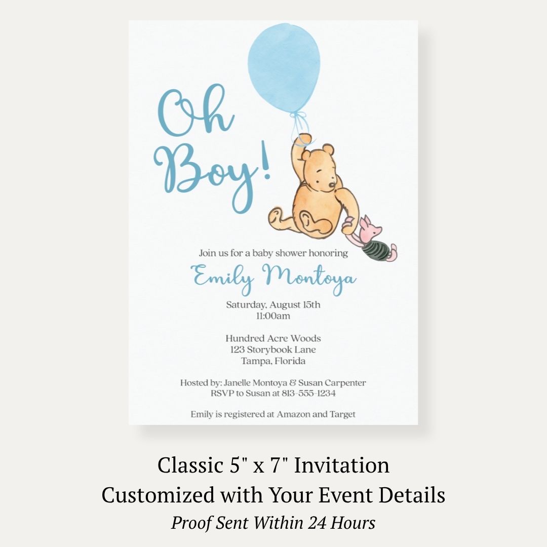 Winnie the Pooh Blue Balloon Baby Shower Invitation