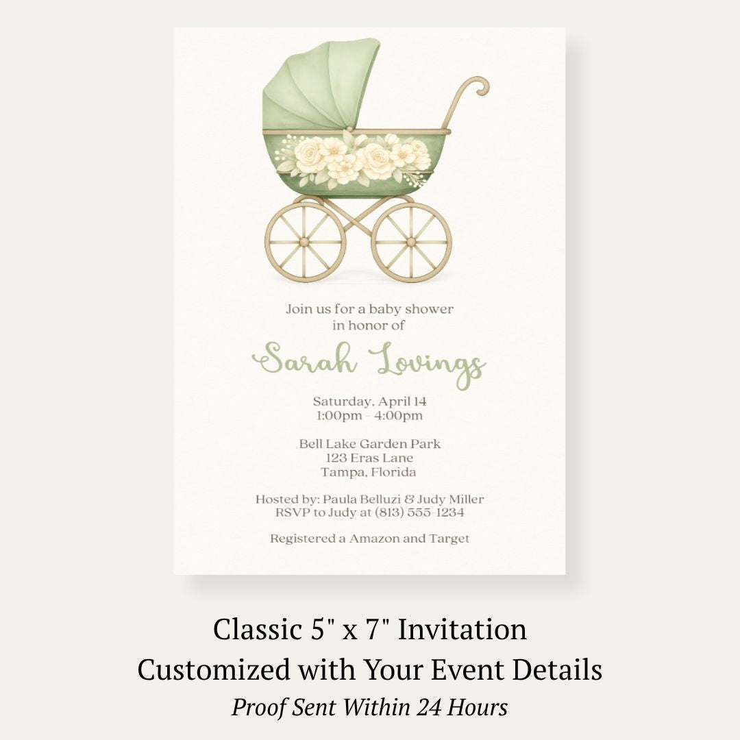 Vintage Sage & Ivory Carriage Baby Shower Invitation