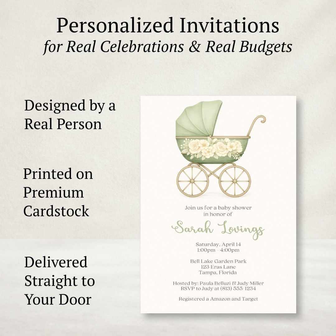 Vintage Sage & Ivory Carriage Baby Shower Invitation