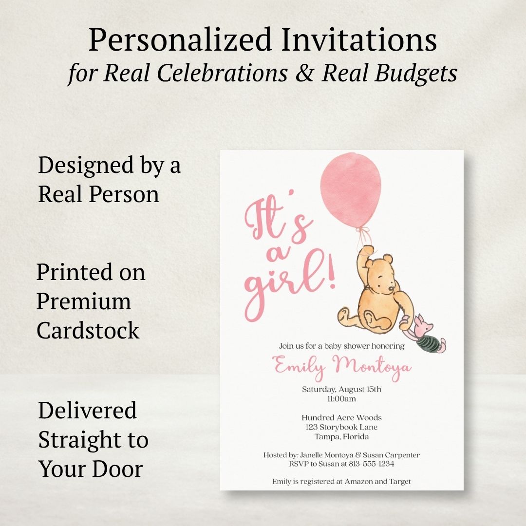 Winnie the Pooh Pink Balloon Baby Shower Invitation