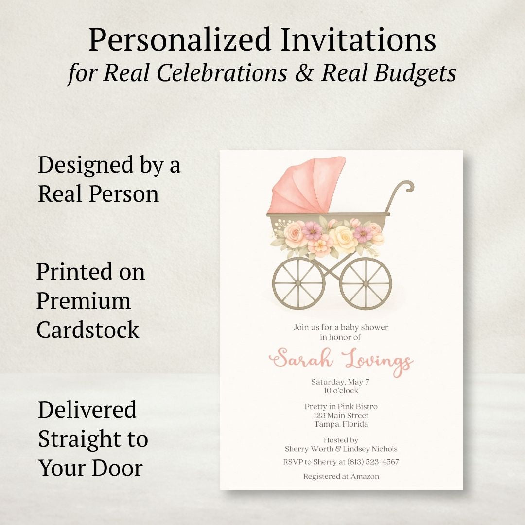 Pink Vintage Carriage Baby Shower Invitation