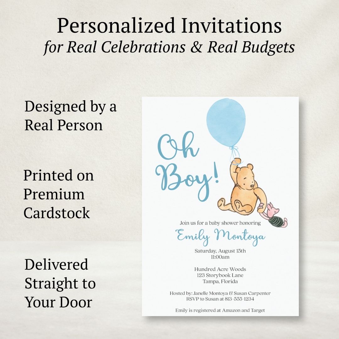 Winnie the Pooh Blue Balloon Baby Shower Invitation