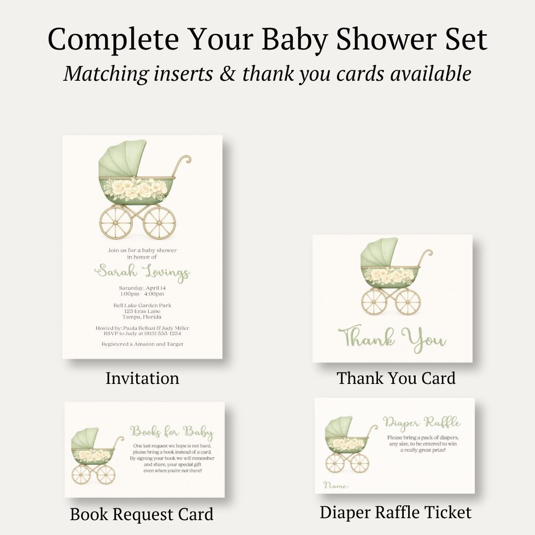 Vintage Sage & Ivory Carriage Baby Shower Invitation