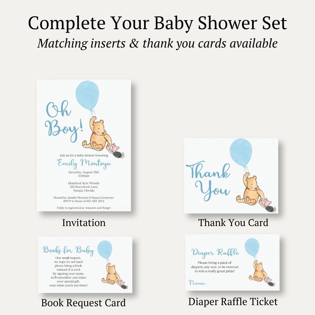 Winnie the Pooh Blue Balloon Baby Shower Invitation
