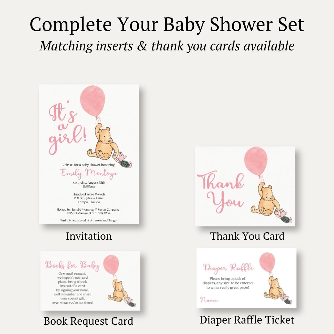 Winnie the Pooh Pink Balloon Baby Shower Invitation