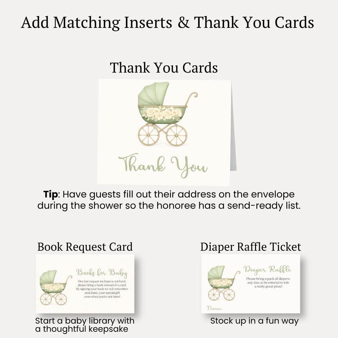 Vintage Sage & Ivory Carriage Baby Shower Invitation