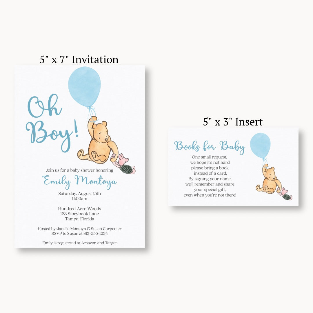 Winnie the Pooh Blue Balloon Baby Shower Insert