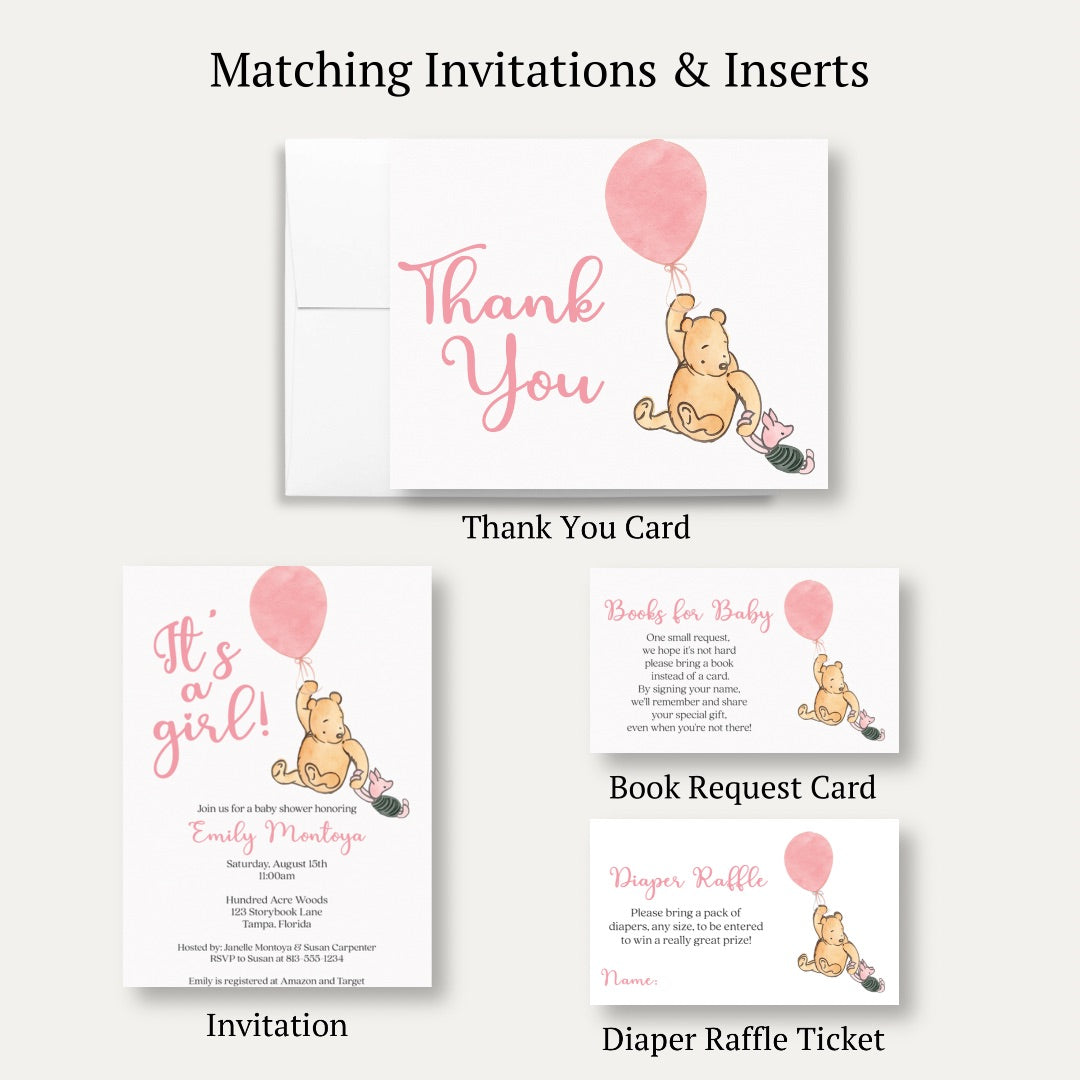 Winnie the Pooh Pink Balloon Baby Shower Thank You Card
