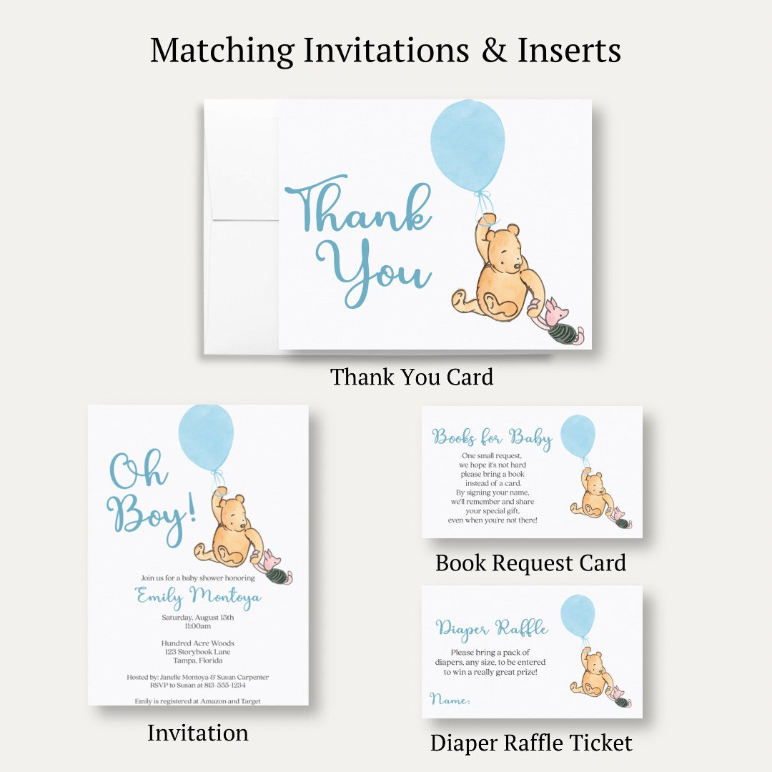 Winnie the Pooh Blue Balloon Baby Shower Thank You Card