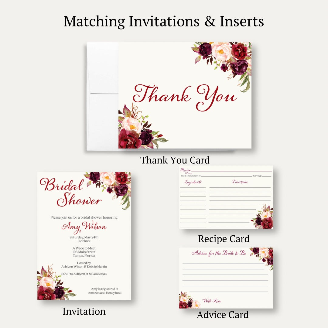 Burgundy Blooms Bridal Shower Thank You Card