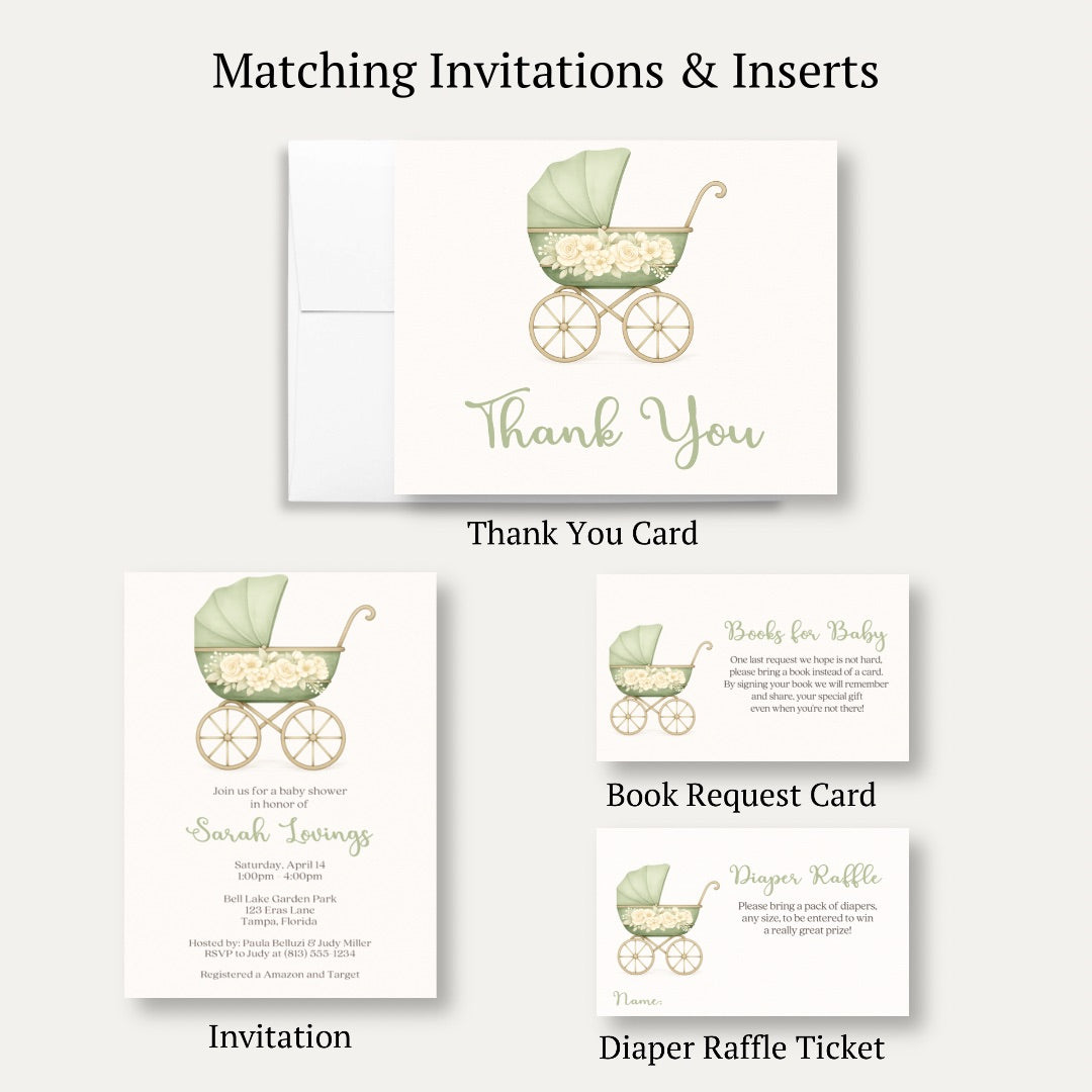 Vintage Sage & Ivory Carriage Thank You Card