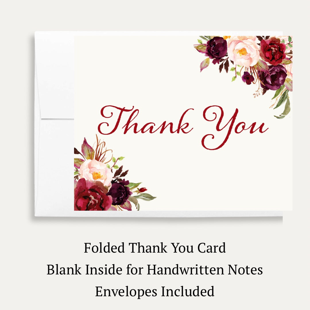 Burgundy Blooms Bridal Shower Thank You Card