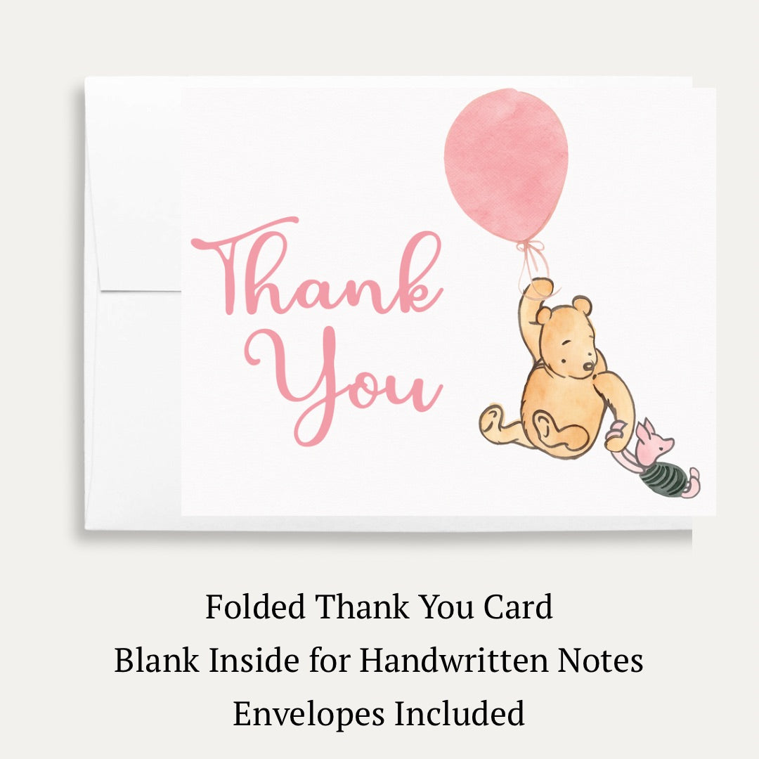 Winnie the Pooh Pink Balloon Baby Shower Thank You Card