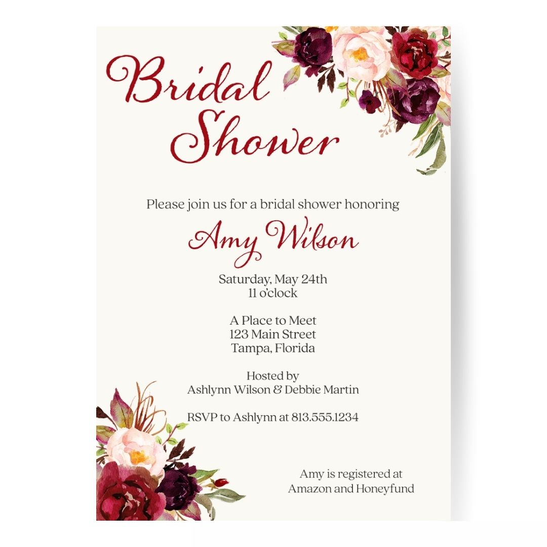 Burgundy Blooms Bridal Shower Invitation