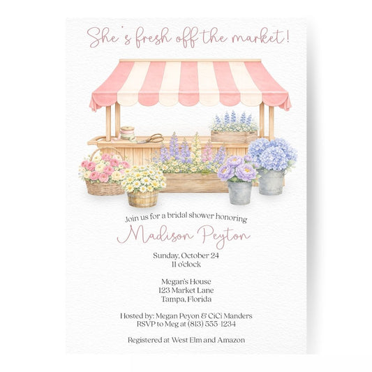She's Fresh Off the Market Flower Cart Bridal Shower Invitation