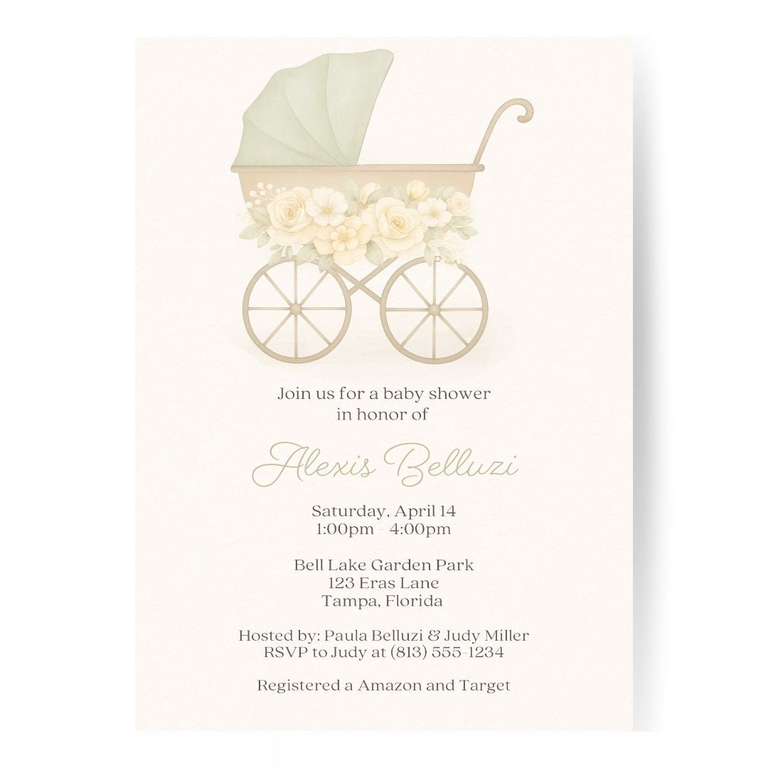 Vintage Sage & Ivory Carriage Baby Shower Invitation