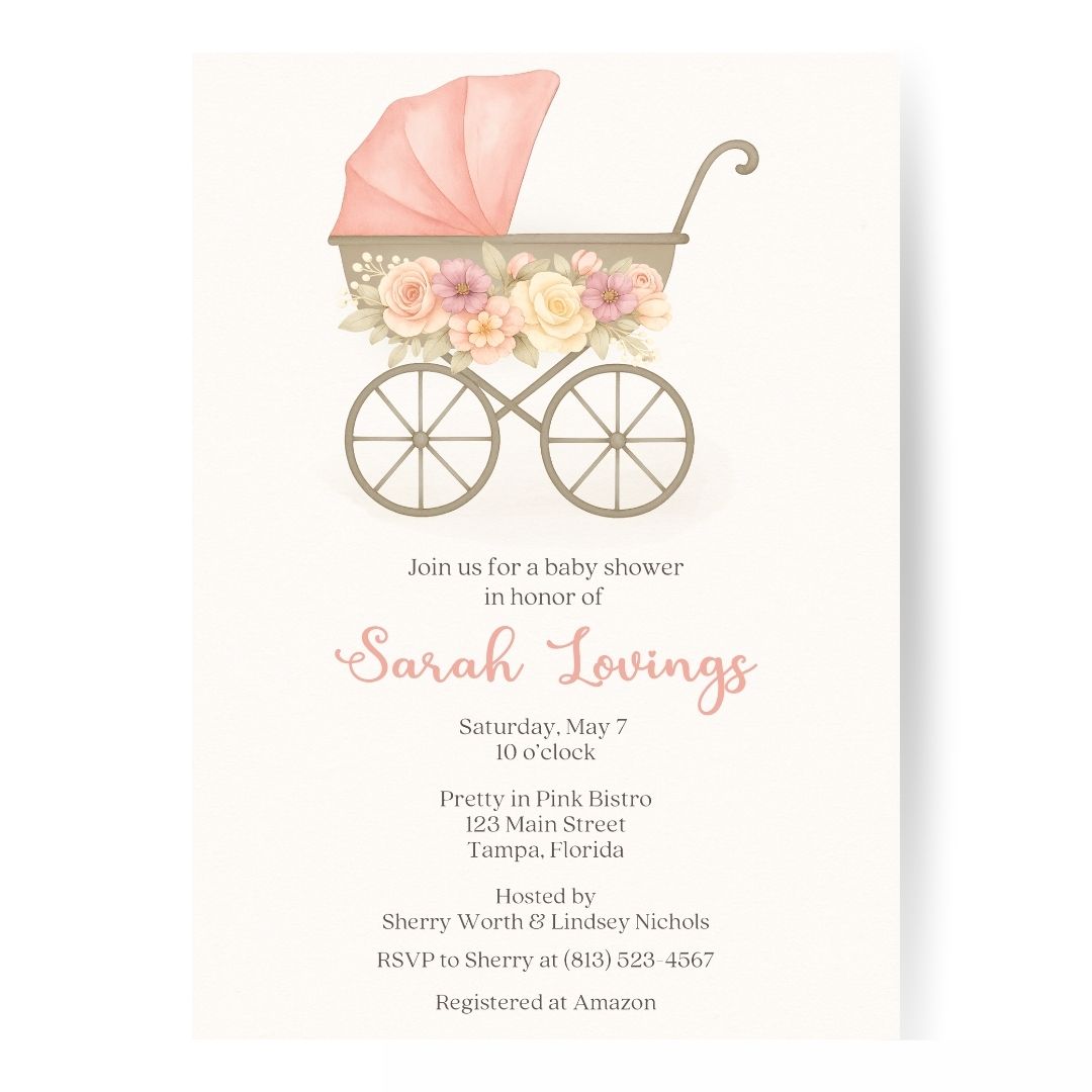 Pink Vintage Carriage Baby Shower Invitation
