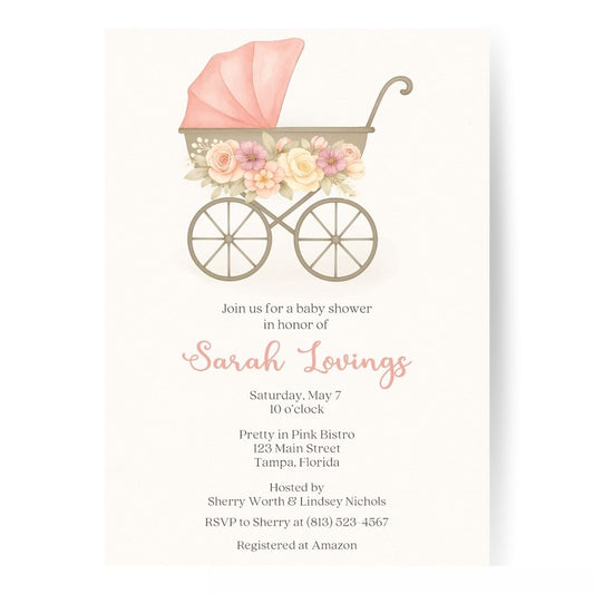 Pink Vintage Carriage Baby Shower Invitation