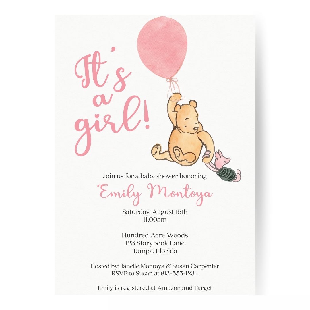 Winnie the Pooh Pink Balloon Baby Shower Invitation