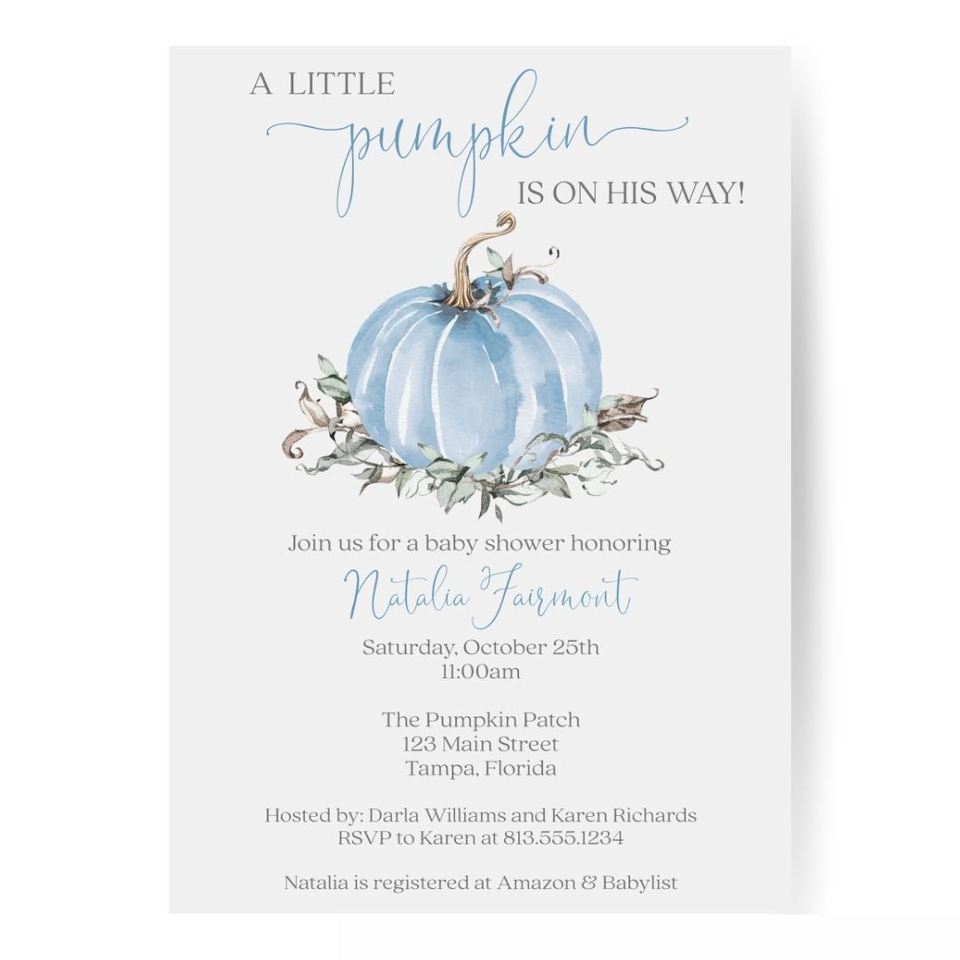 Painted Pumpkin Blue Baby Shower Invitation