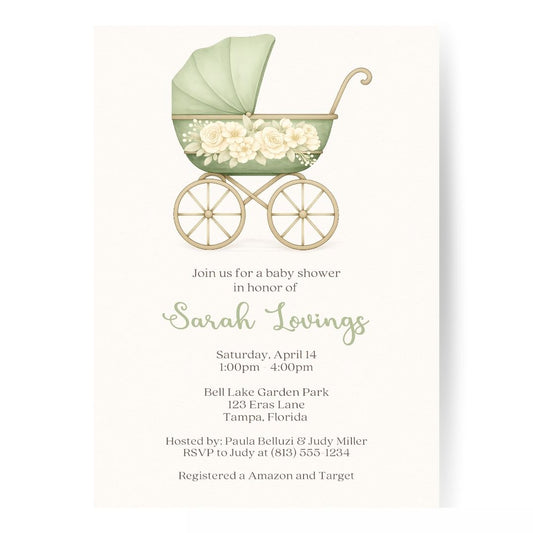 Vintage Sage & Ivory Carriage Baby Shower Invitation