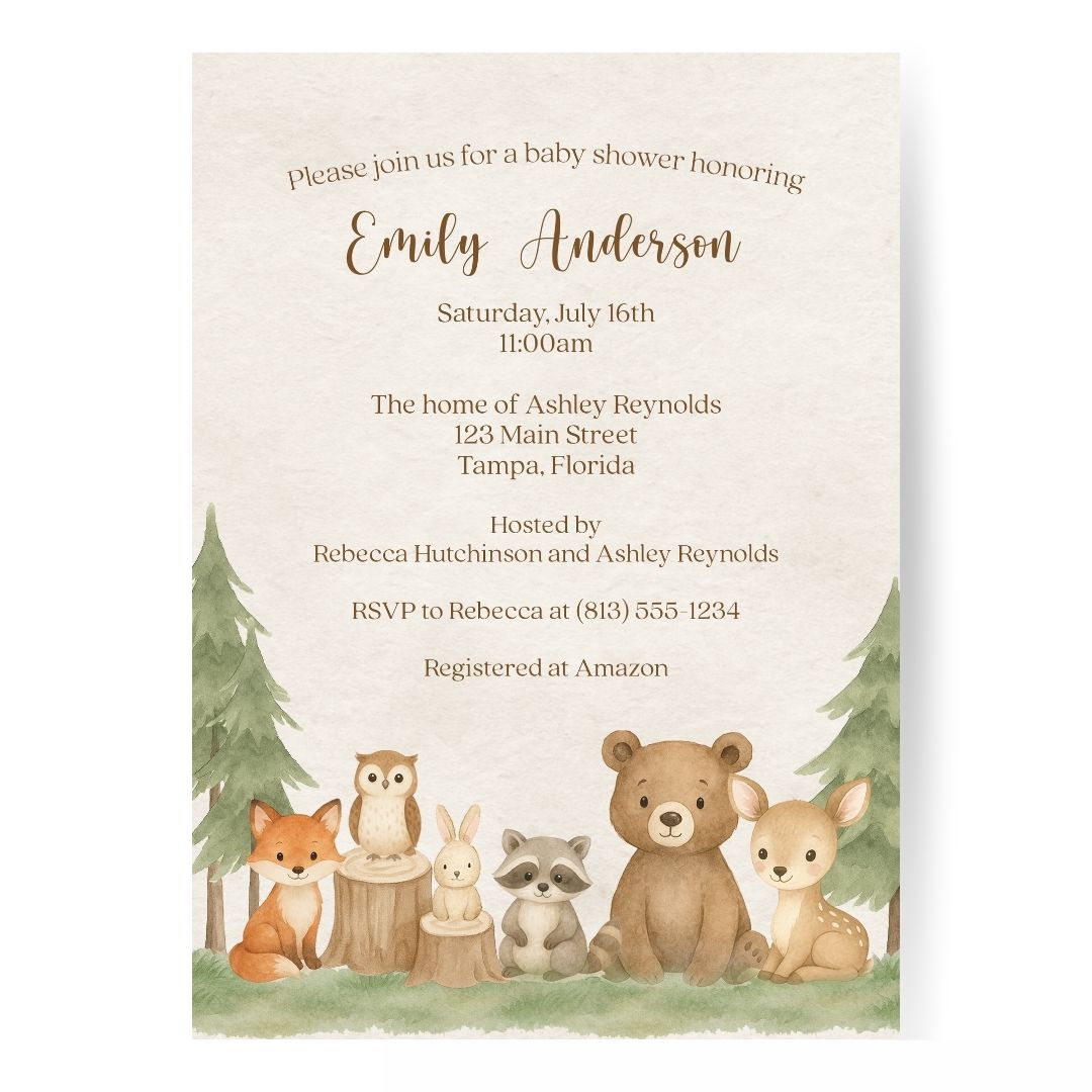 Woodland Animals Baby Shower Invitation
