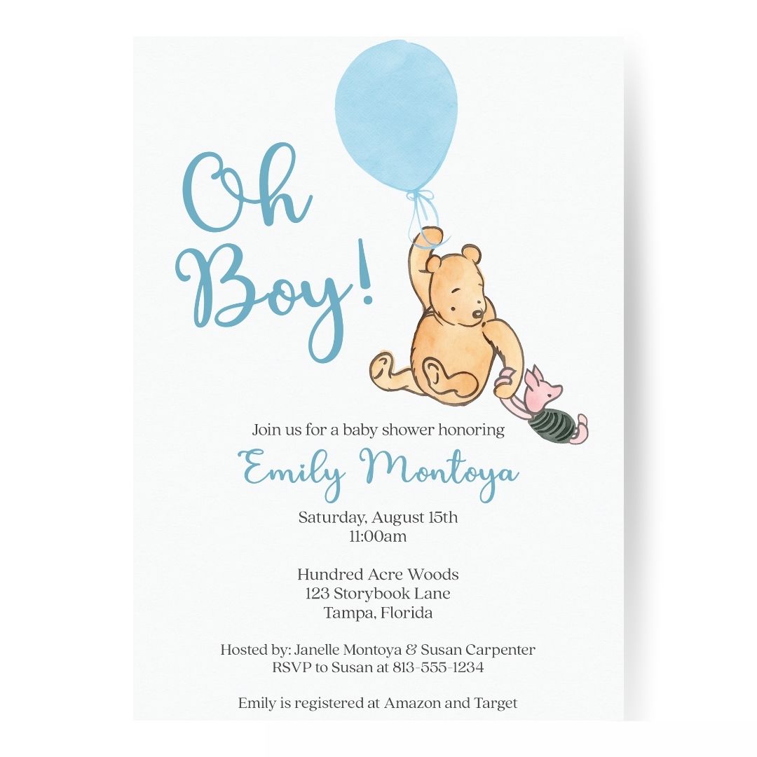 Winnie the Pooh Blue Balloon Baby Shower Invitation