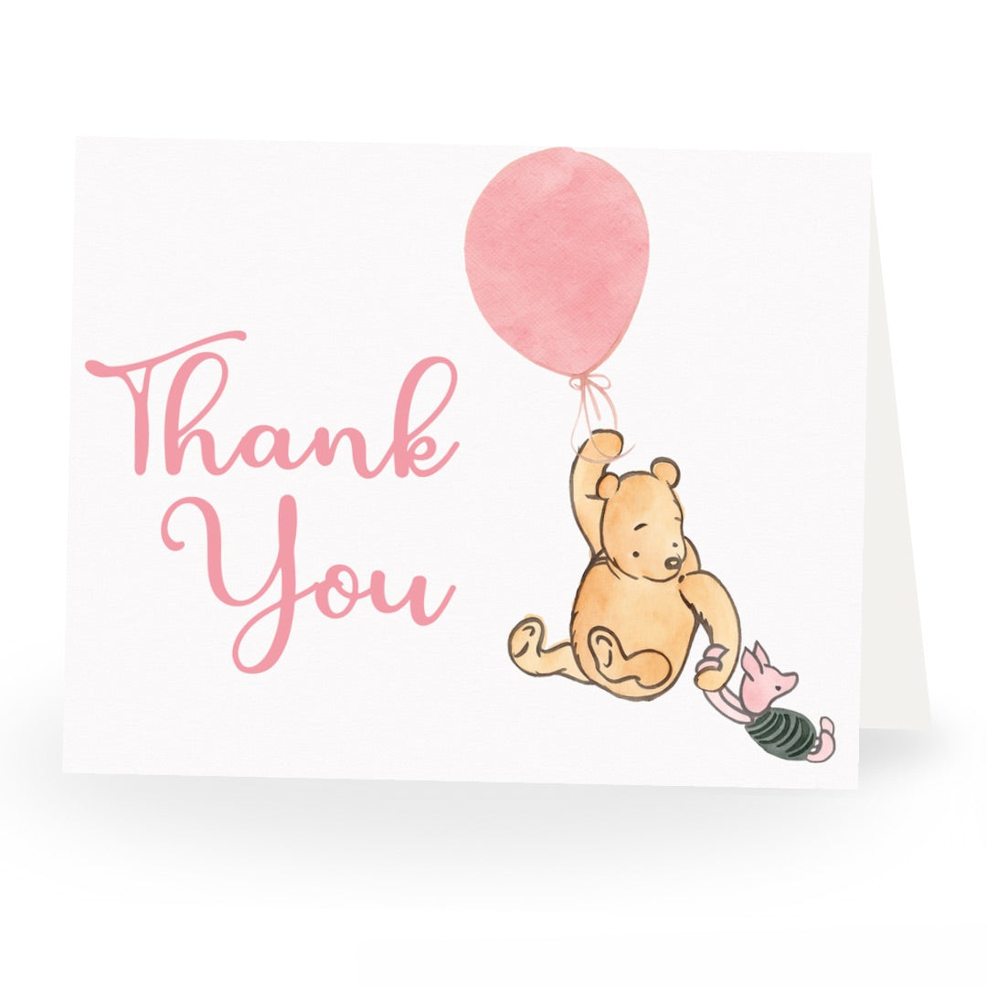 Winnie the Pooh Pink Balloon Baby Shower Thank You Card