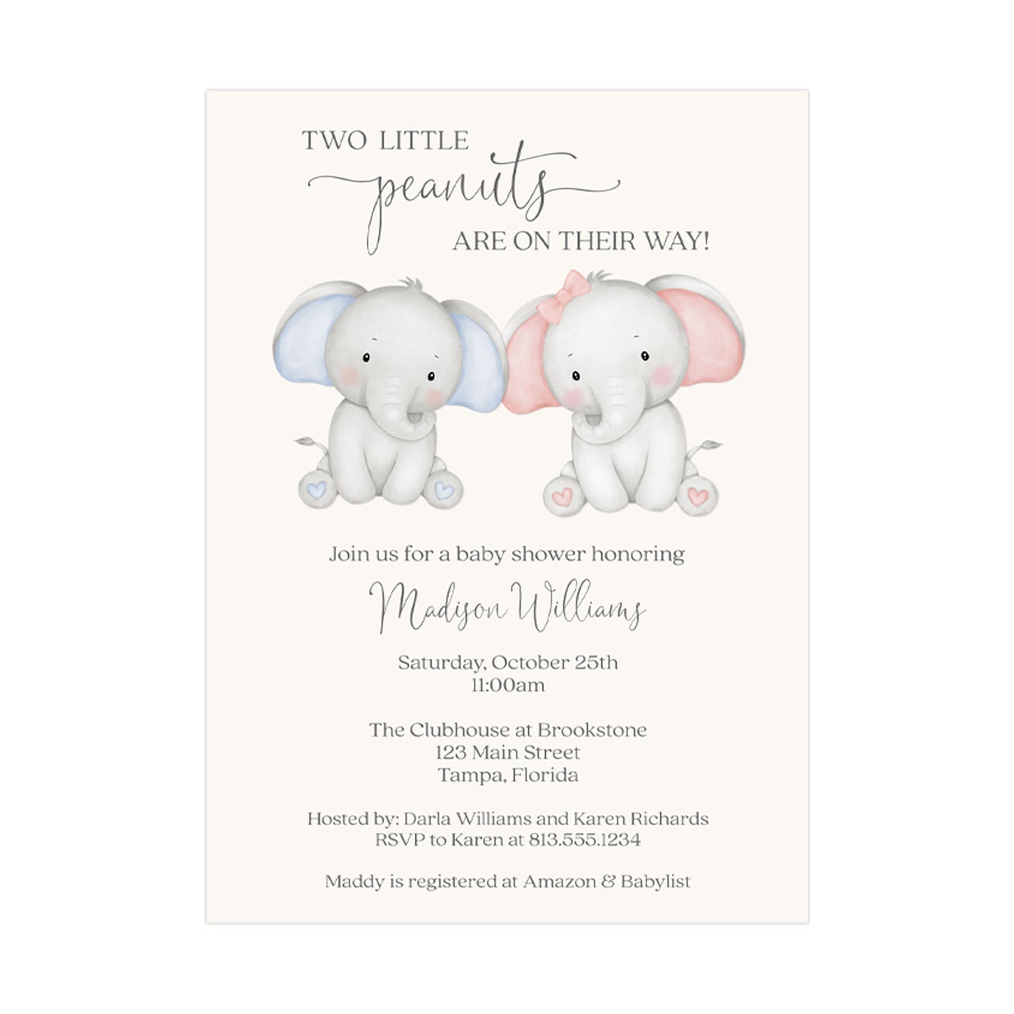 Twin Elephant Baby Shower Invitation